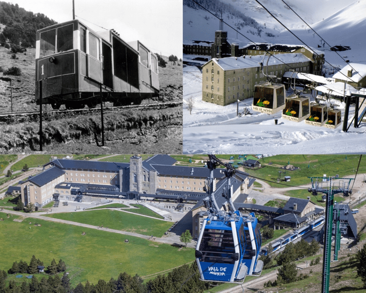 Fotomuntatge del funicular i els dos telefèrics de la Núria / Fotomontaje del funicular y los dos teleféricos del Nuria